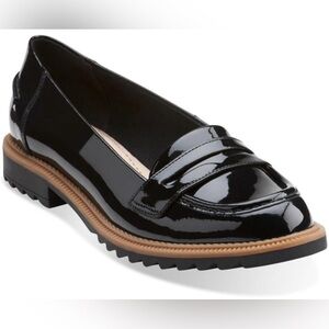 Clarks Shiny Black Loafers with Tan Sole